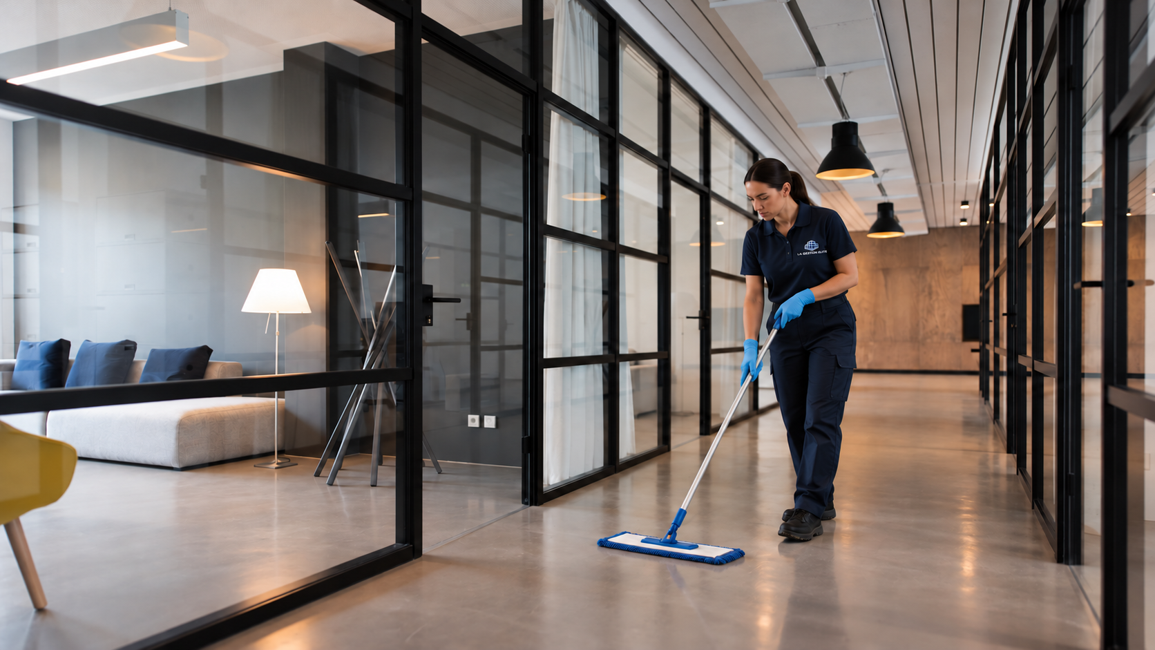 Scène illustrant l’entretien ménager commercial dans des bureaux vitrés
